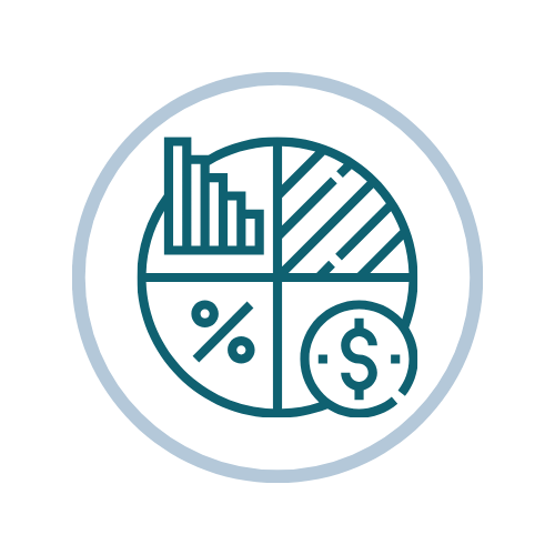 Circle divided into four parts, one containing a bar graph, one shaded in, another containing a percentage sign, and one containing a coin.